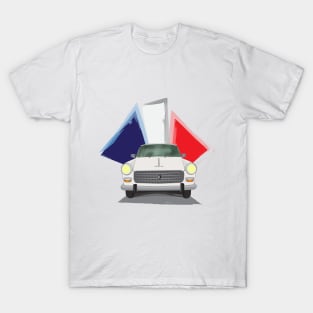 Illustration of a White Peugeot 404 with the French Flag Behind T-Shirt